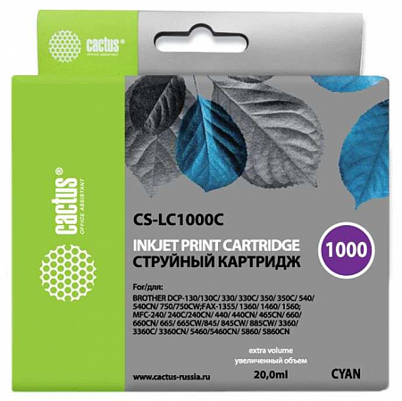 Картридж струйный Cactus CS-LC1000C голубой (20мл) для Brother DCP 130C/330С/MFC-240C/5460CN