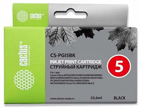 Картридж струйный Cactus CS-PGI5BK черный пигментный (23.6мл) для Canon Pixma MP470/MP500/MP520/MP530/MP600/MP800/MP810/MP830/MP979/iP3500/iP4200/iP4300/ iP5200/iP5300/iP6700D/MX700/MX850/iX4000/iX5000/Pro 9000/9000Mark II